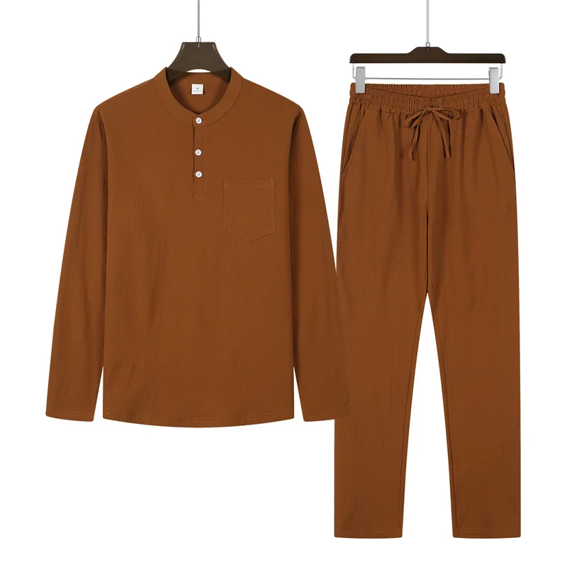 spring autumn 2pcs Set round collar button Men's T-shirt+trousers Men Suits long sleeve Tracksuit Solid Color sports casual suit