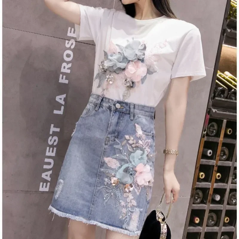 Women's Two Piece Set Commuting Short Mini Blue Lightly Cooked Party Kawaii Denim White Skirt Sequin Embroidered Female Outfits