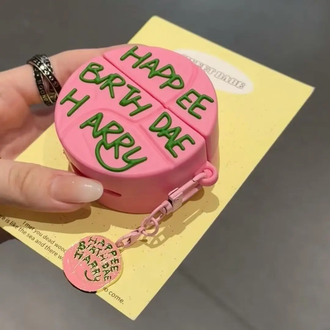 Para AirPods 4 3 2 1 Pro Pro2 funda para auriculares 3D pastel de cumpleaños rosa caja de auriculares de dibujos animados de silicona con cubierta colgante