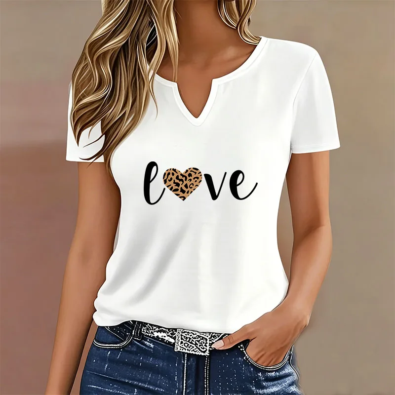 Fashion Letter Love Leopard Printed T-shirt V Neck Casual Y2k T Shirts Women Short Sleeve Tee Shirt V-Neck Summer Spring