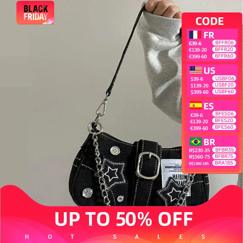 

Fashion Y2k Women's Handbags Stars Pattern Cool Girls Underarm Bag Fashion Canvas Female Small Shoulder Bags Chain Tote Purses