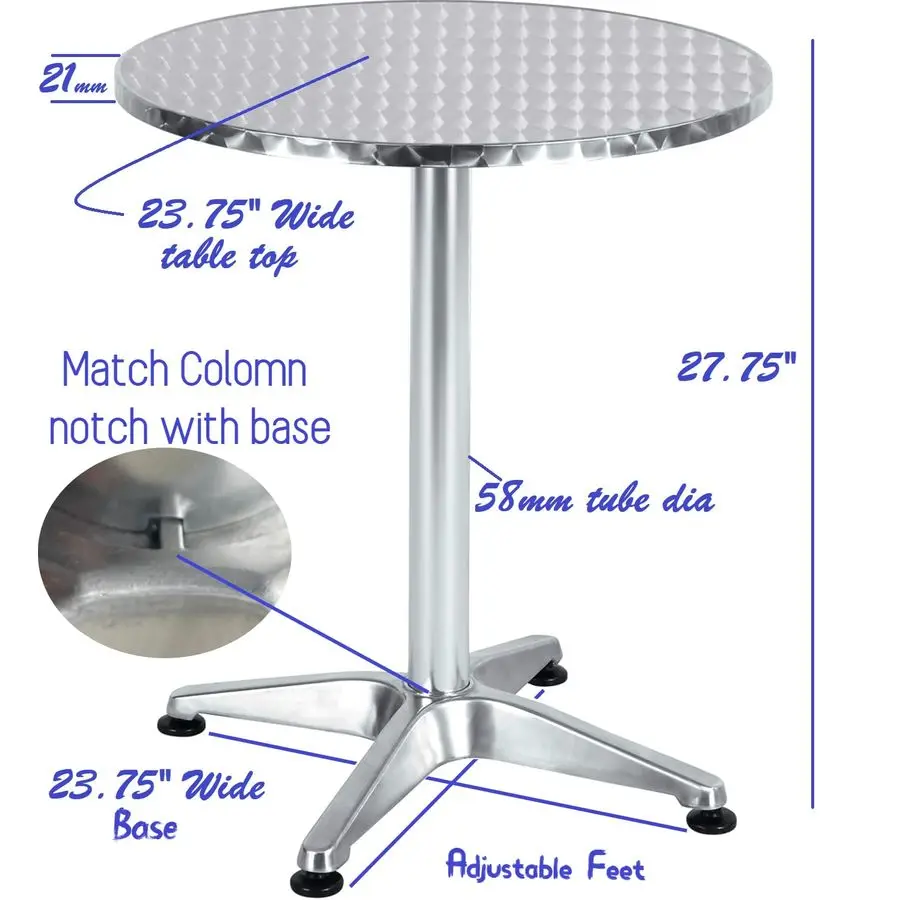 โต๊ะอาหารสแตนเลสทรงกลม 23.75 นิ้ว สำหรับร้านอาหาร ใช้ได้ทั้งภายในและภายนอกอาคาร พร้อมฐานอะลูมิเนียม ทนทาน เหมาะสำหรับร้านอาหารและบิสโทร