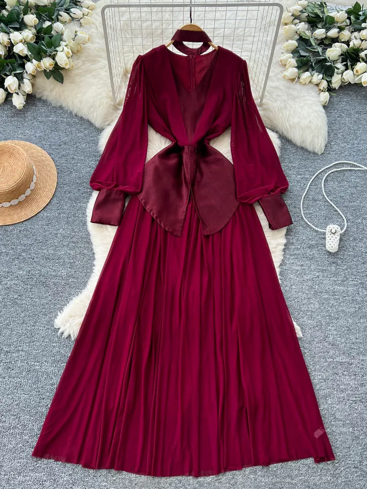 

Женское красное вечернее длинное платье в сетку в стиле пэчворк с v-образным вырезом и длинными рукавами, роскошные платья, винтажное вечернее платье, элегантное цельное платье 2025