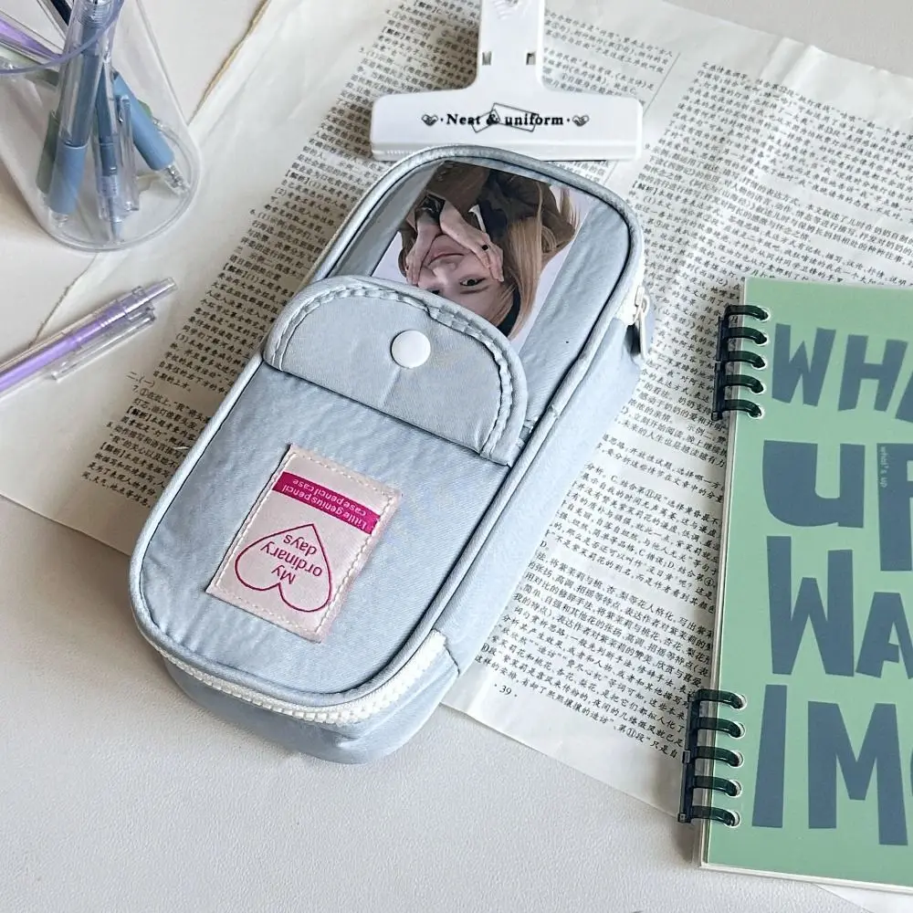 

Retro Pencil Case Simpliicty Blue Gray Color Series Pencil Bag Heart Zipper High Capacity Stationy Storage Bag Student Supplies