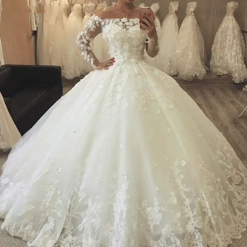 Vestidos De Novia 2023 Arabic Luxury 3D Flowers Wedding Dress Long Sleeves Lace Applique Wedding Bridal Gowns Robe De Mariee