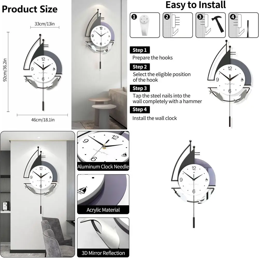 

Contemporary Silent Wall Clock with Pendulum, Battery-Powered, 36.2x18.1 Inch for Home Decor