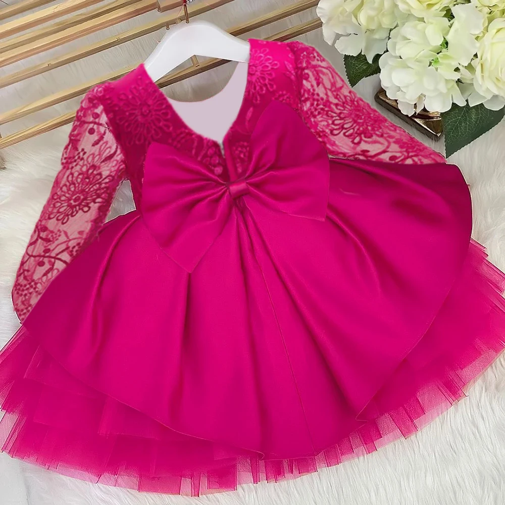 Toddler Bow Girl Party Dress Long Sleeve Embroidery 1st Birthday Princess Dresses Girs Wedding Autumn Tulle Flower Kids Clothing