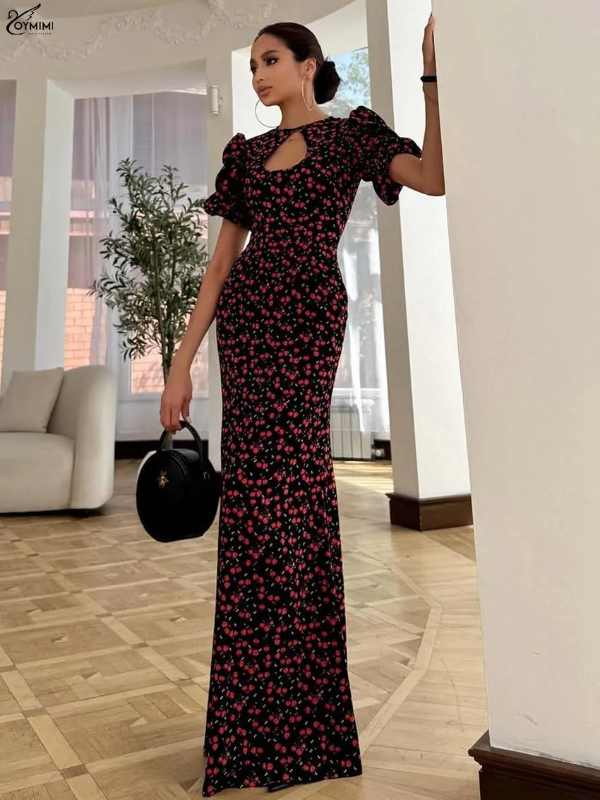 

Oymimi Elegant Black Print Womens Dresses Fashion O-Neck Short Sleeve Hollow Out Dresses Casual New Straight Floor-Length Dress