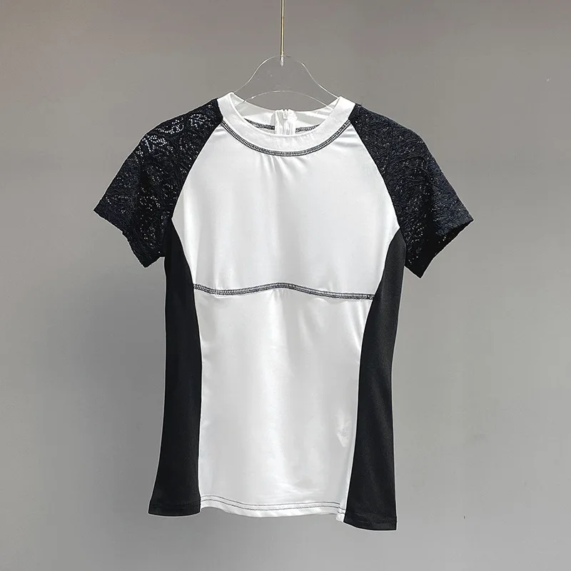 [ZOCI] Autumn New Slim Fit Fragrance Style Splicing Waistband Half Sleeve Versatile Short T-shirt Top