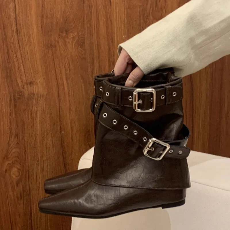 Belt Buckle Sleeve Low Heel Boots 2025 Fashion Pointed Toe Rivet Soft Sole Anti-Slip Wear-Resistant Booties view 3