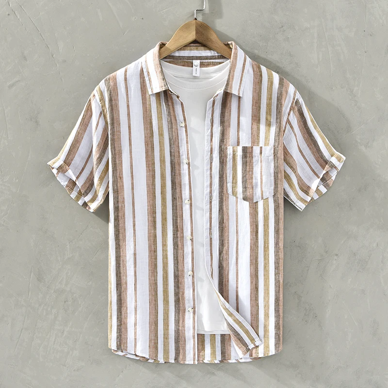 

New Designer Pure Linen Short-sleeve Striped Brand Shirts For Men Fashion Casual Tops Clothing Plus Size Summer Camisa Masculina