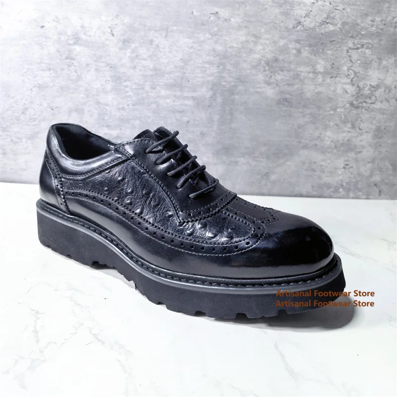

Carved Black Leather Brogue Oxfords Chunky Platform Lace-Up Dress Shoes Thick-Soled Derby Shoes Chunky Sole Formal Footwear