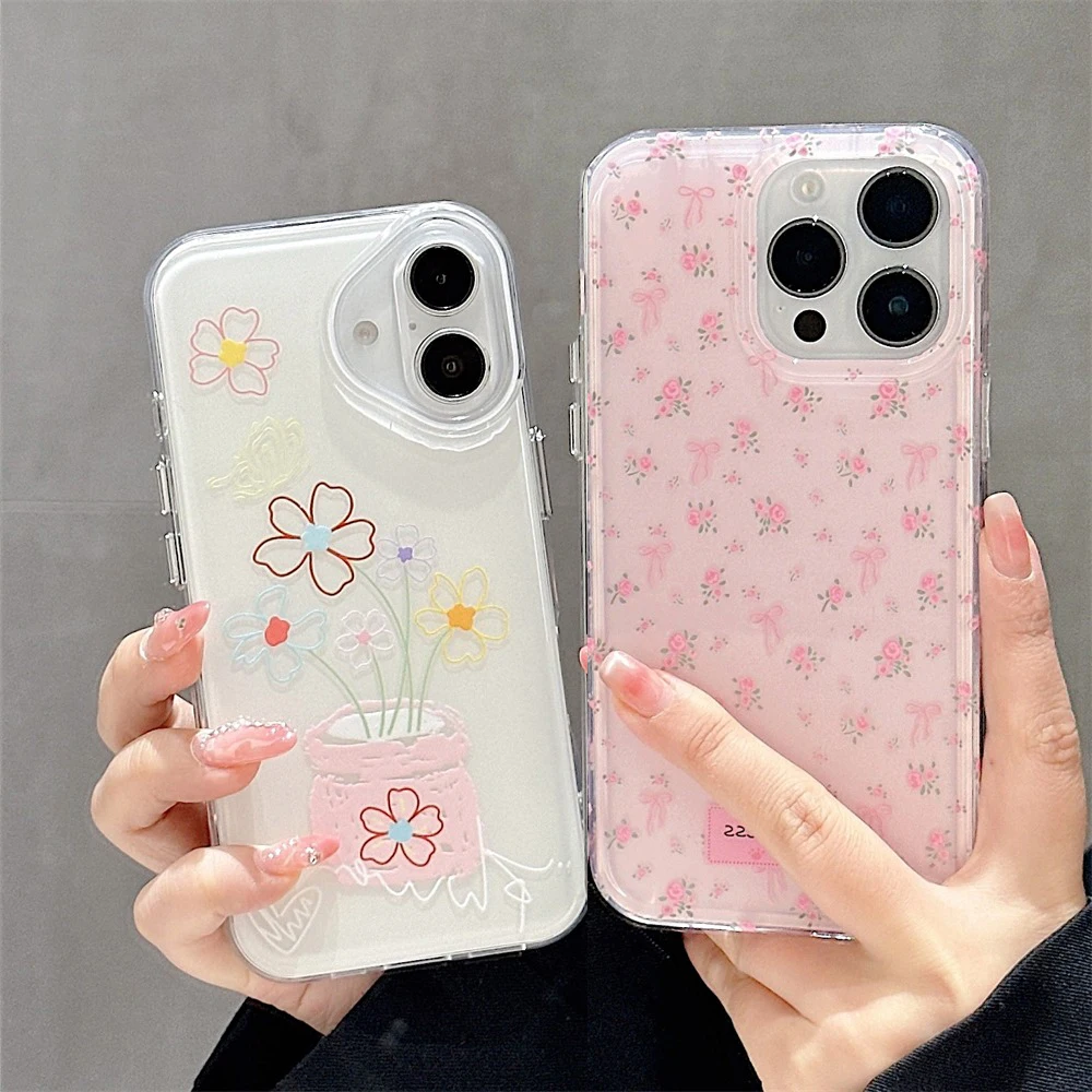 

Cute Flower Pink Bow Silicone Phone Case For iPhone 15 16 Pro Max 13 11 12 14 Pro Max Shockproof Glossy Soft Bowknot Cover Funda