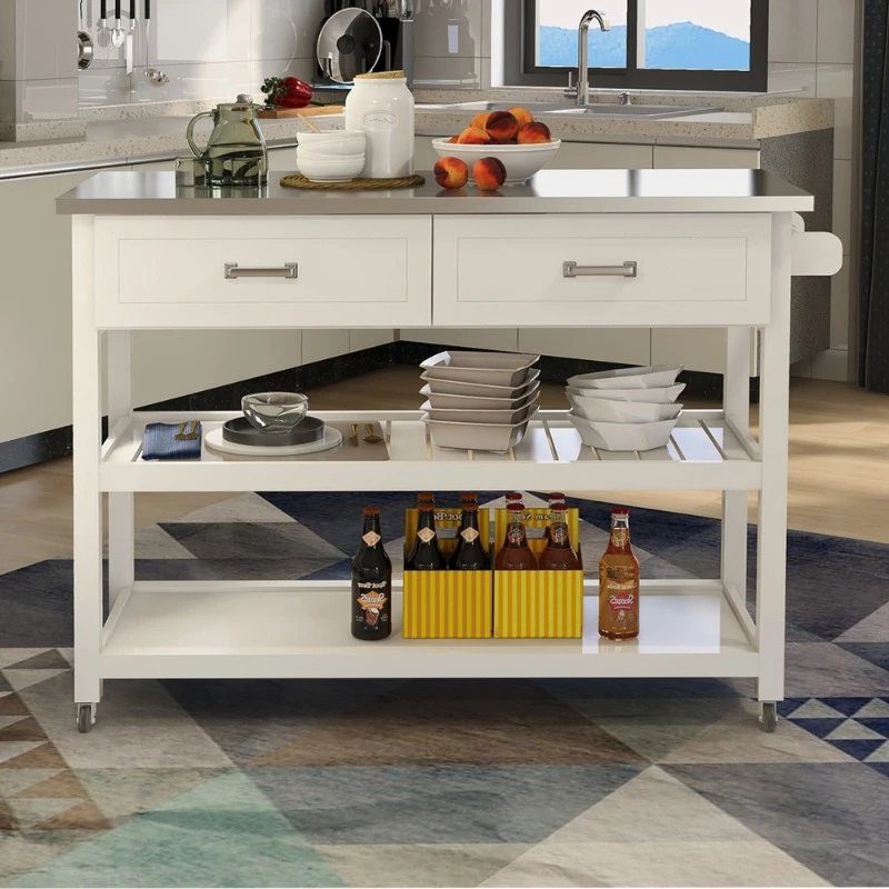 

Stainless Steel Table Top White Cart with Drawers Multi-uses Metal Organizer Cart Modern Kitchen Auxiliary Table Furniture