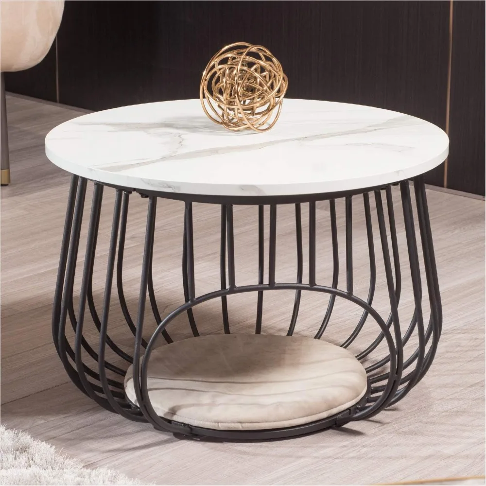 Round Coffee Table,2-in1 End Table & Cat Bed, Cocktail Table MDF Top White Marble Pattern Black Metal Frame, Modern Coffee Table