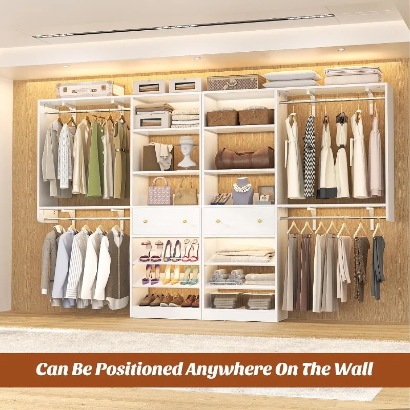 Closet System with Drawer - Reversible 5FT Wood Closet Organizer System with 2 Hanging Rods and Adjustable Shelf, Walk In Closet