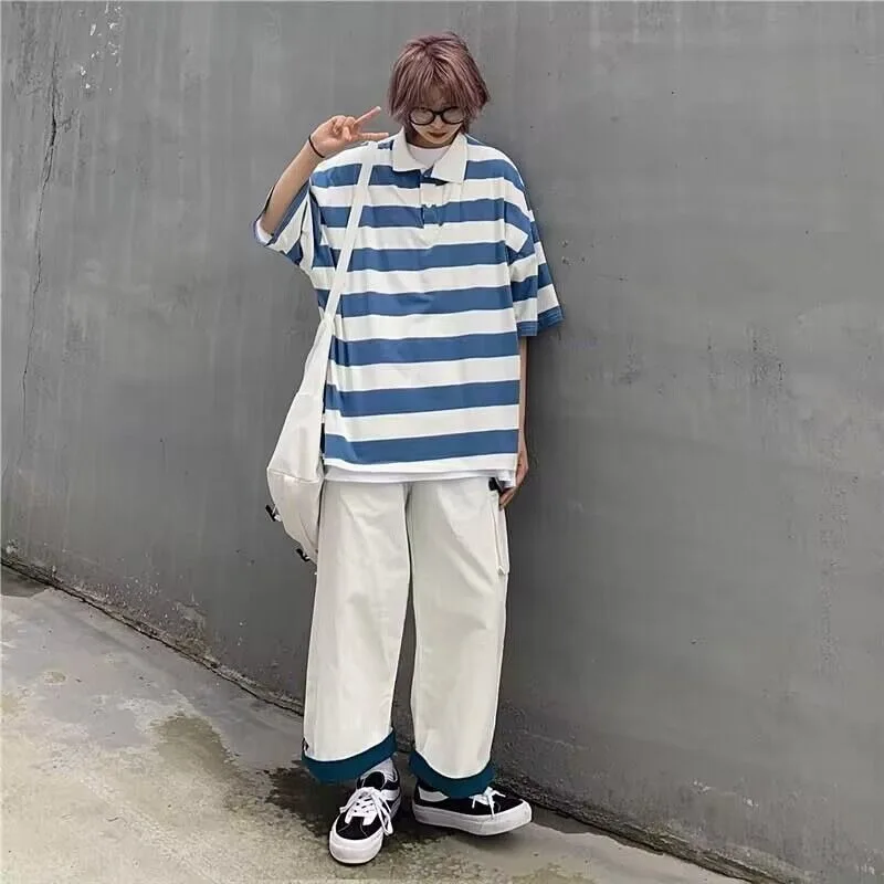 Japan Style Pants Sets Women Loose Color Collision Cargo Pants + Versatile Striped Short-sleeved Polo Shirt Female Two-piece Set