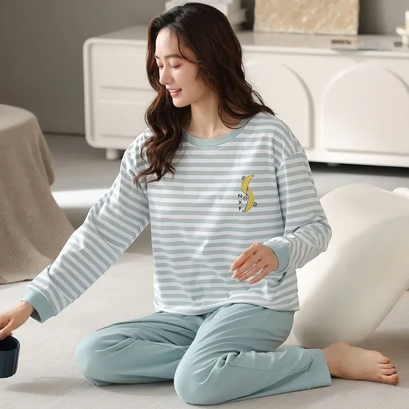 2024 New 100% Pure Cotton Padded Pajamas Women Spring Autumn Long Sleeved Stripes Loungewear Middle-aged Large Size Homewear Set