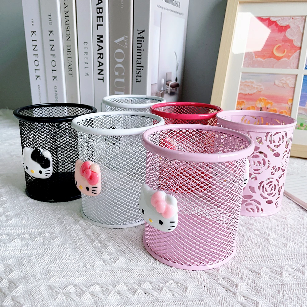 Cartoon Hellokitty Pen Container Brush Pot Makeup Brush Bucket Kawaii Pink Hollow Pen Holder Stationery Storage Sorting Box