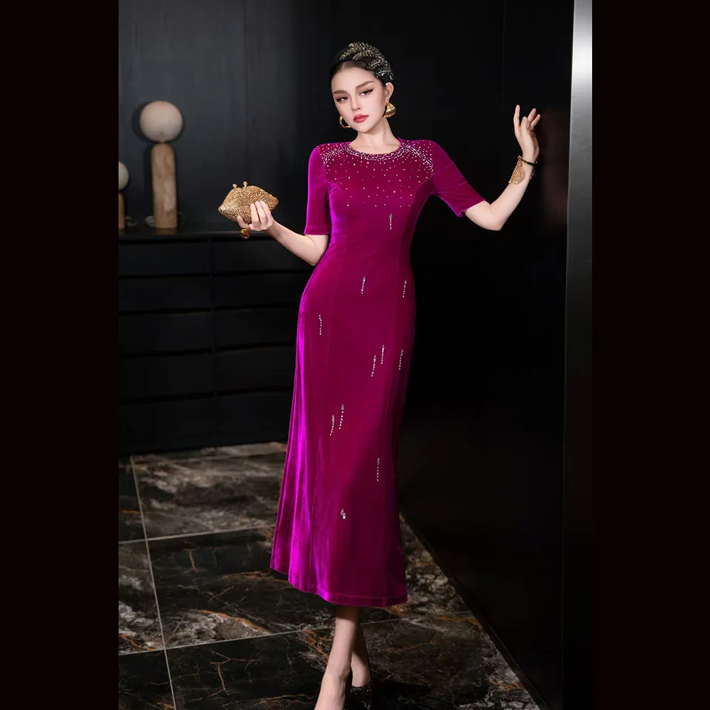 

Meyyithun Women's Dress High End New Arrival Velvet Short Sleeve O-neck Beaded Slim Dress Lady Dress 1113ZZ02