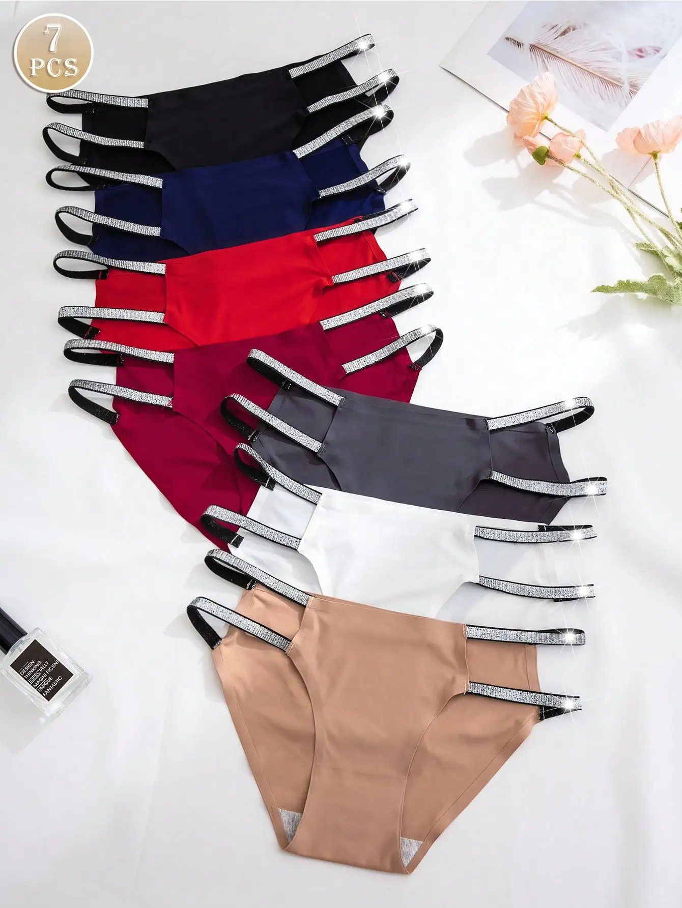 7 Pcs Women Seamless Ice Silk Briefs Rhinestone Thin Strap Low Waist Invisible Panties Soft Stretch Solid Color Ladies Underwear