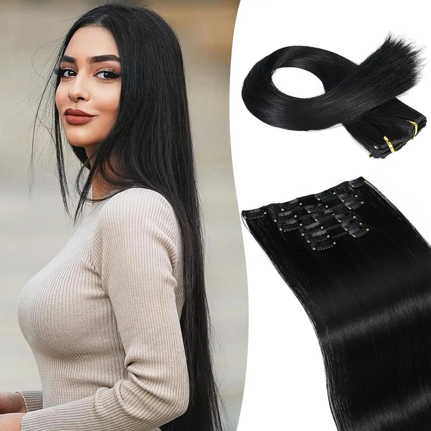 22Inchs 16 Clips in Hair Extensions Long Black Hairstyle Long Straight Synthetic Clip On Hairpiece For Women Natural Black