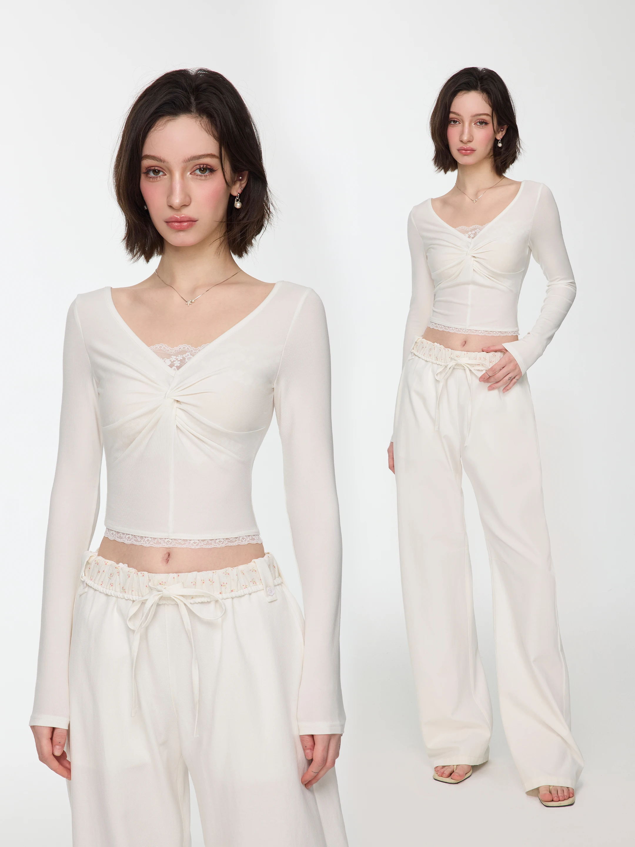 

Женская футболка M Studio Spicy Girl Design с V-образным вырезом, кружевом и длинными рукавами, весенняя модная облегающая модель с эффектом двухслойности и сборками