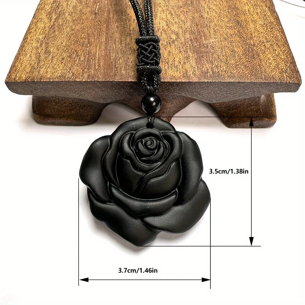 Stylish Natural Obsidian Rose Pendant Necklace - Non-Plated Floral and Botanical Pattern Carved Stone Jewelry