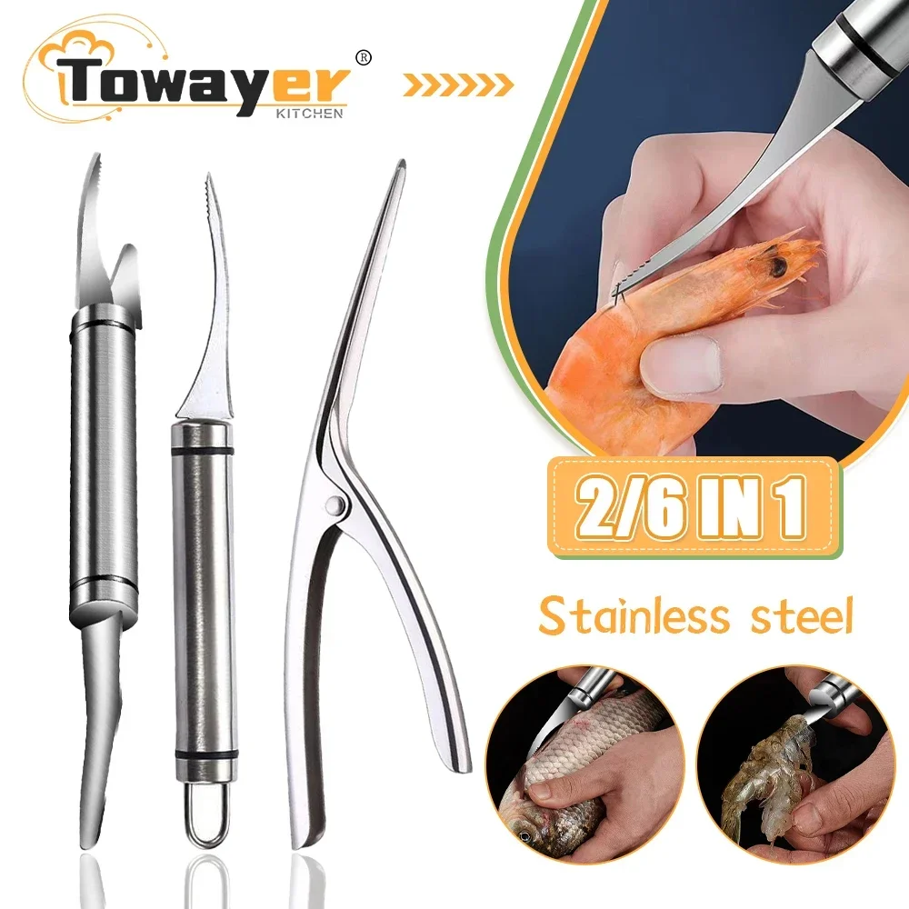 Multifunctional Fast Shrimp Peeler Stainless Steel 6 In 1 Fish Knife Shrimp Line Cutting /Scraping /Digging Knife Kitchen Tools