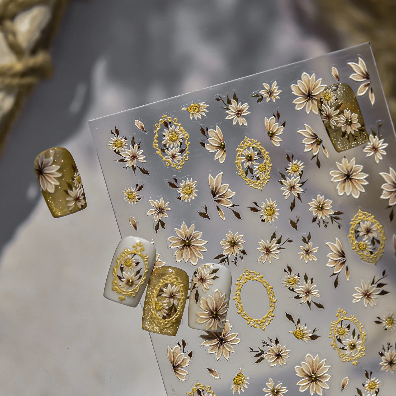5D 엠보싱 아름다운 가을 야생 데이지 국화 꽃 프레임 접착식 네일 아트 스티커 데칼 매니큐어 레트로 장식