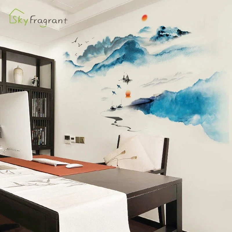 Landscape Wall Sticker Ink Painting Bedroom Bedside Decor Self-adhesive Stickers Living Room Decoration Wall Decor Home Decor