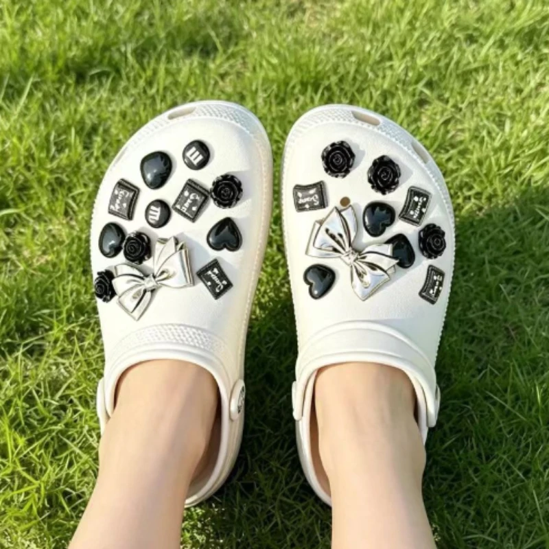 Silver Plated Bow Rose Candy Heart Clog Shoe Charms PVC Detachable Ornaments Women Summer Hole Sandals Footwear Accessory Gift