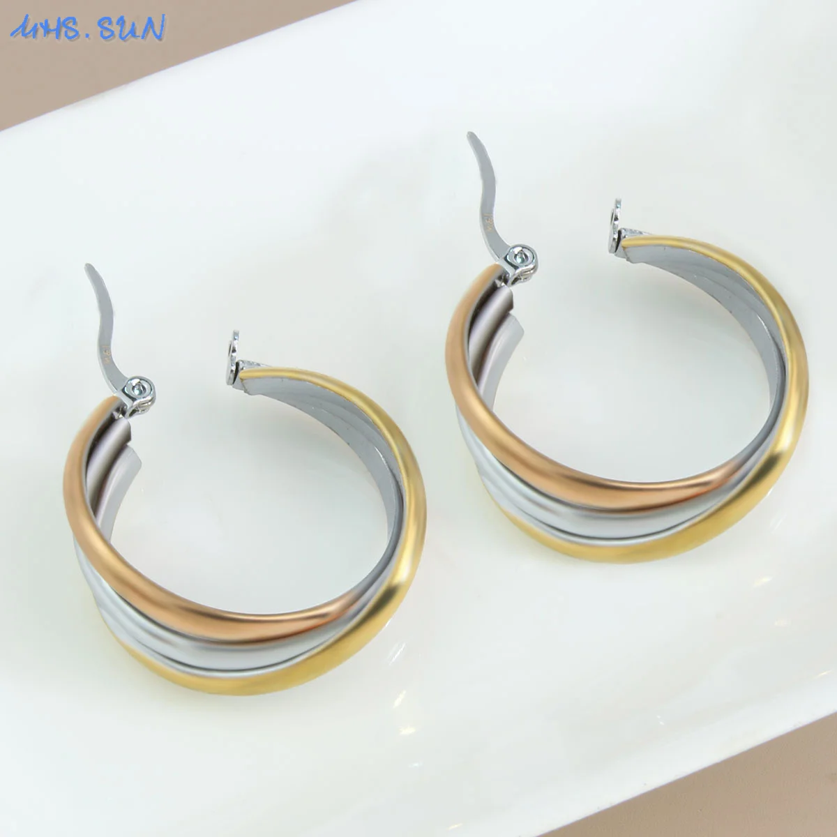 MHS.SUN Stainless Steel Multilayer Three-layers Hoop Earrings For Women Gold Plated Geometric Splicing Twisted Piercing Jewelry