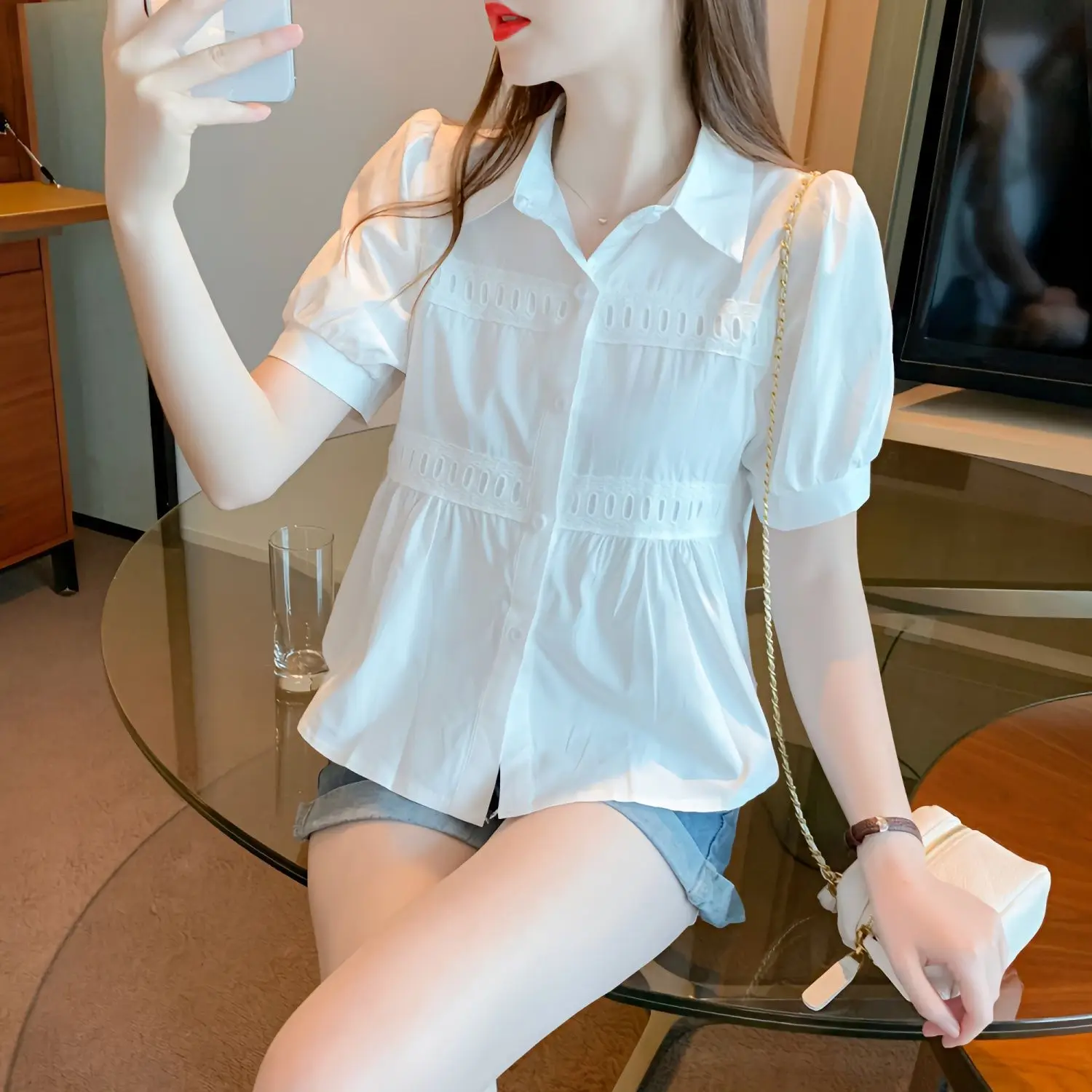 Elegant Sweet Small-Batch Top Summer New Bubble Sleeve Simple Fashion Pure Color Shirt Design Sense Unique Commute Style Wome...