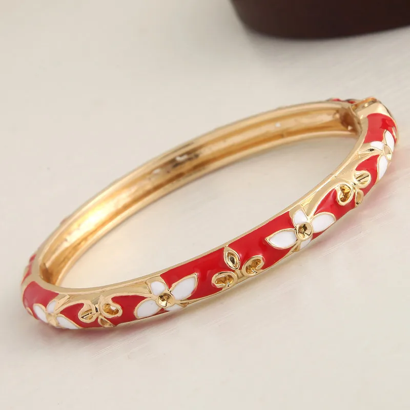 Ethnic Style Luxury Gold Color Zinc Alloy Multicolor Enamel Flower Bangle for Women Charm Bride Cuff Bracelet Boho Jewelry