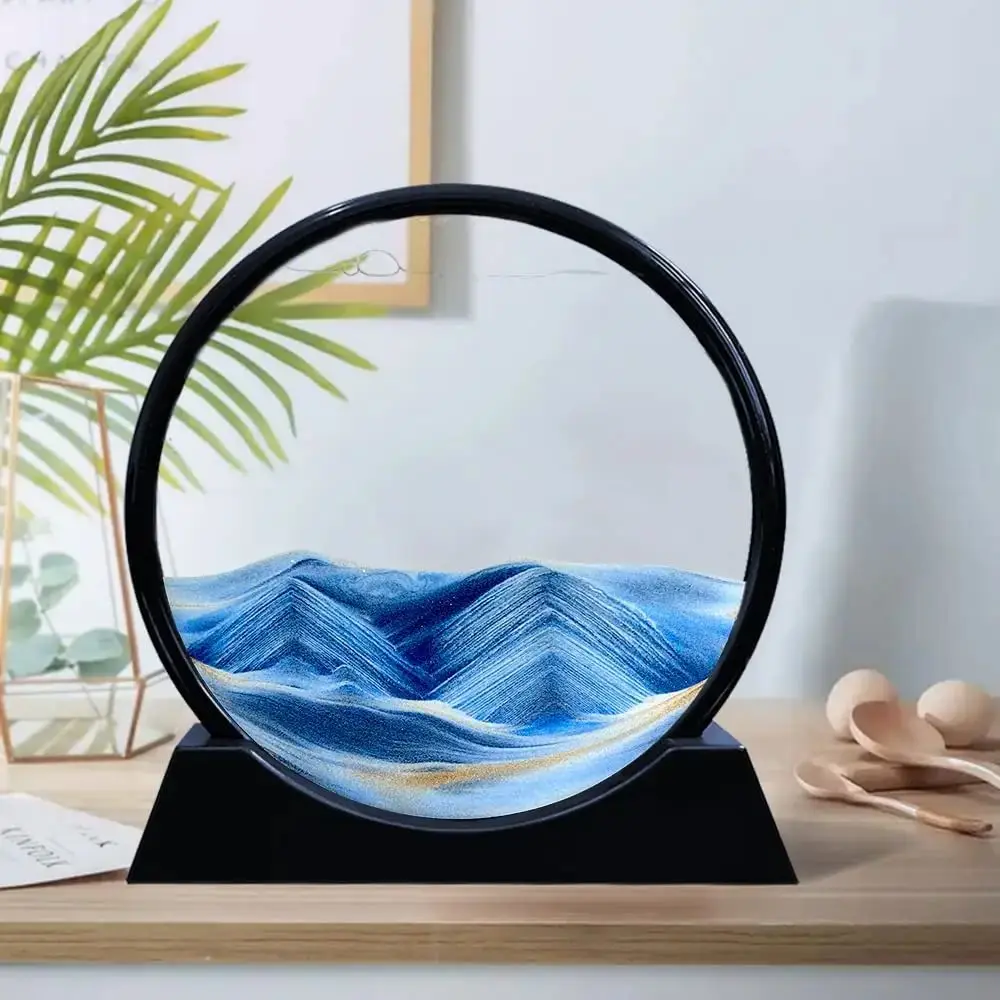 5/7/12inch Moving Sand Art Picture Round Glass 3D Deep Sea Sandscape In Motion Display Flowing Sand Frame Relaxing Desktop Decor