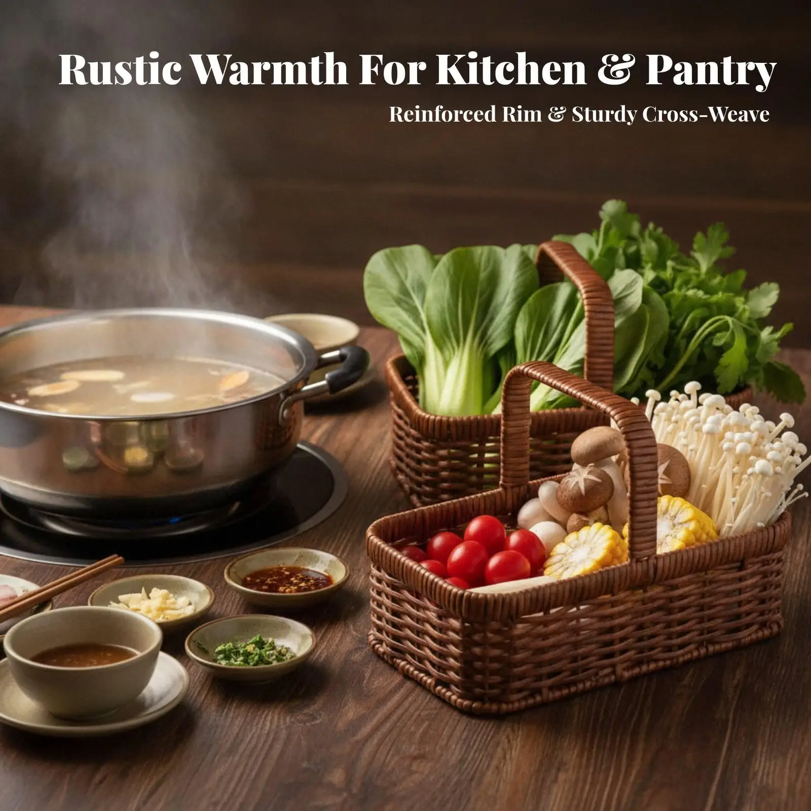 Rectangular Woven Basket with Integrated Handle Rustic for Kitchen Counter