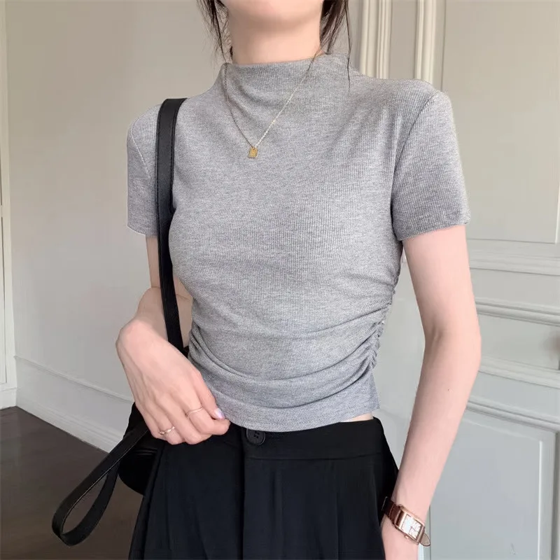Summer Women Short Sleeve T Shirts 2024 Korean Style Casual Half High Collar Tops Girl Slim Fit Thin Knitted O Neck T-shirt