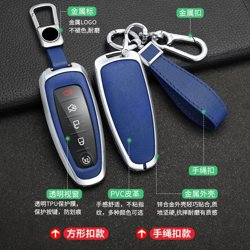 Leather Zinc Alloy Car Key Case Cover For Ford Escape Focus C Max Kuga Edge Explorer Taurus Keyring Remote Protection