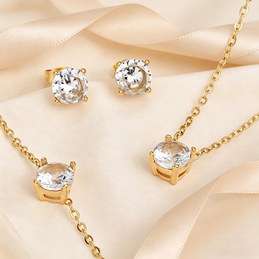 Classic 4 Prong Round Zircon Jewelry Set 3 In 1 Stainless Steel Stud Earrings Necklace Bracelet Elegant Women Stackable Jewelry