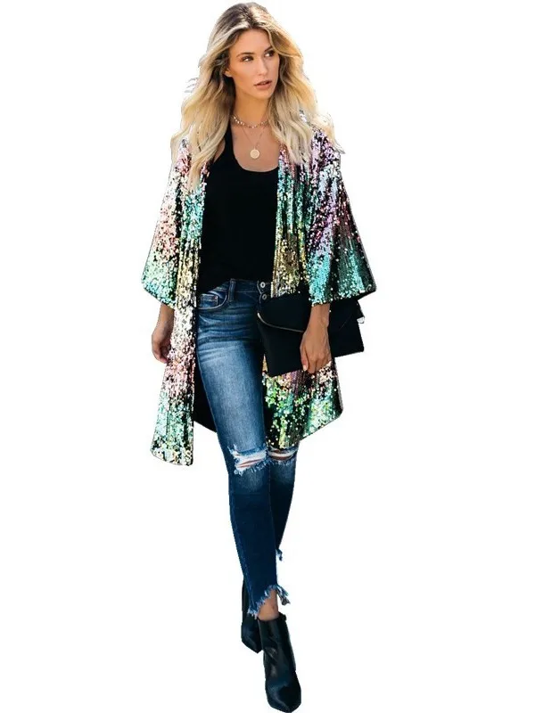  Sequin Street Style Women's Open Cardigan Windbreaker Fashionable Transoceanic Women's Clothing Bright Sequin