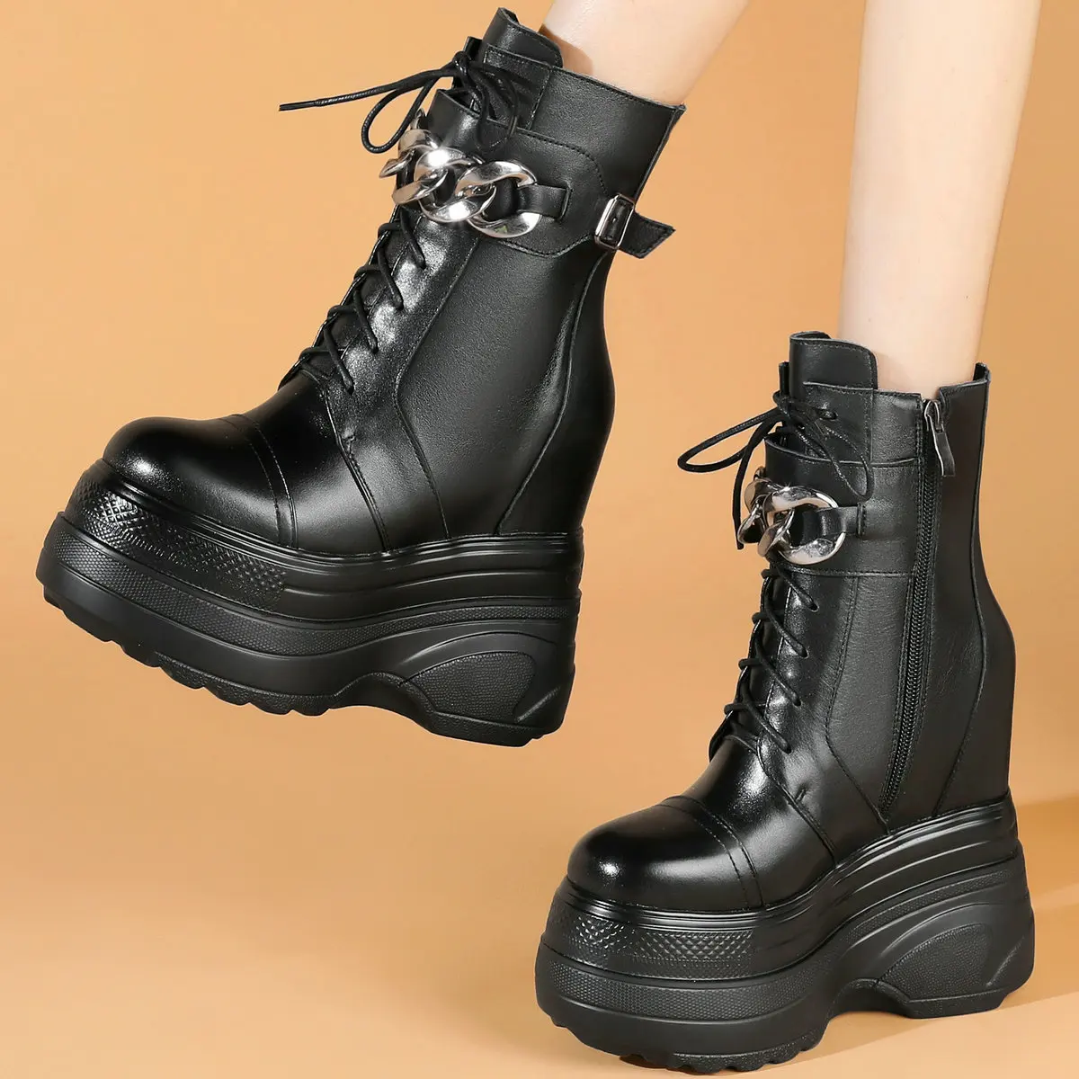 Sapatos chiques de corrente para mulheres, com renda, cunhas de couro genuíno, salto alto, dedo do pé redondo, botas de neve casuais, tênis feminino