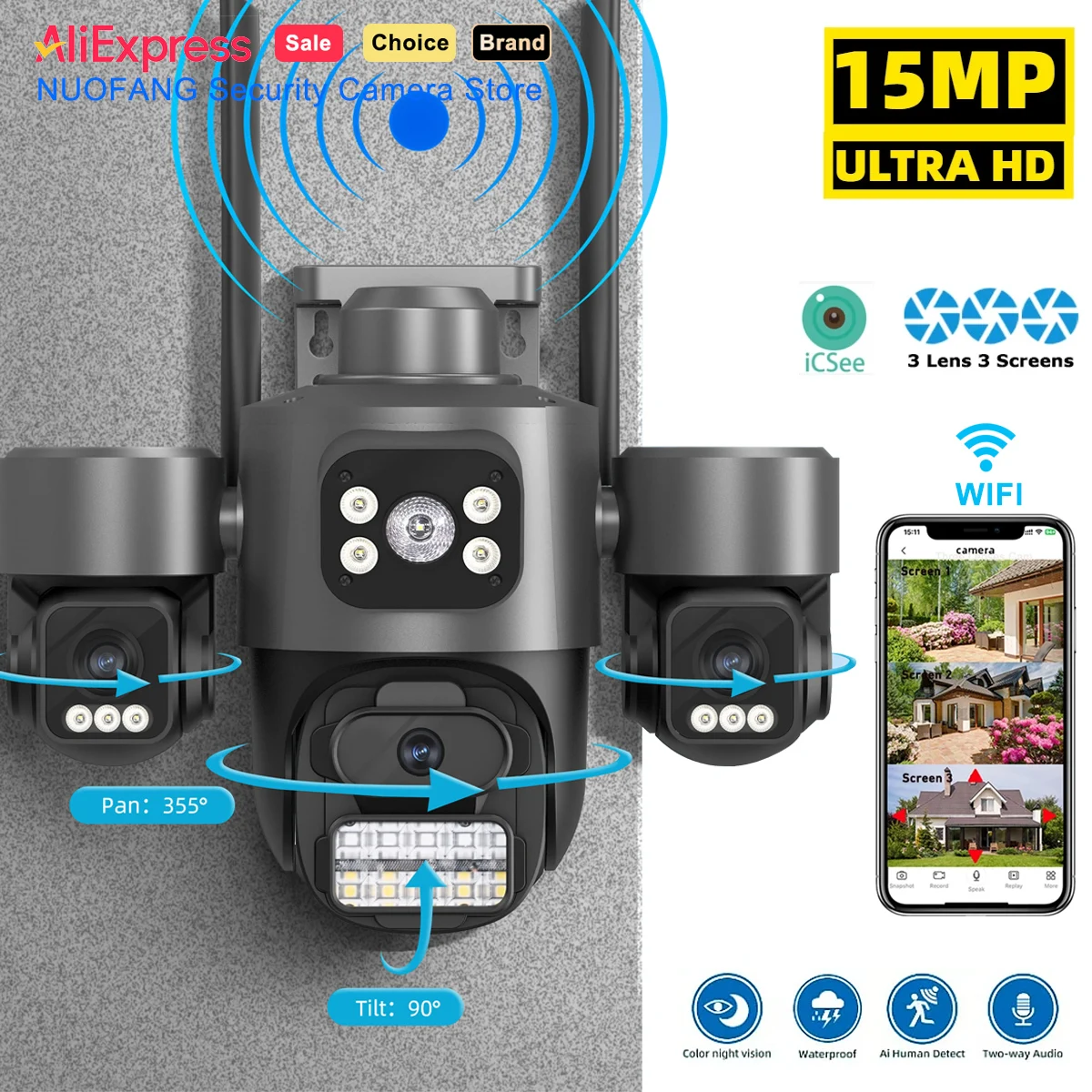 

15-мегапиксельная камера безопасности с 3-HD-экраном, автоматическое отслеживание, Wi-Fi, IP-камера, наружное видеонаблюдение с цветным ночным видением и двусторонним звуком, iCsee