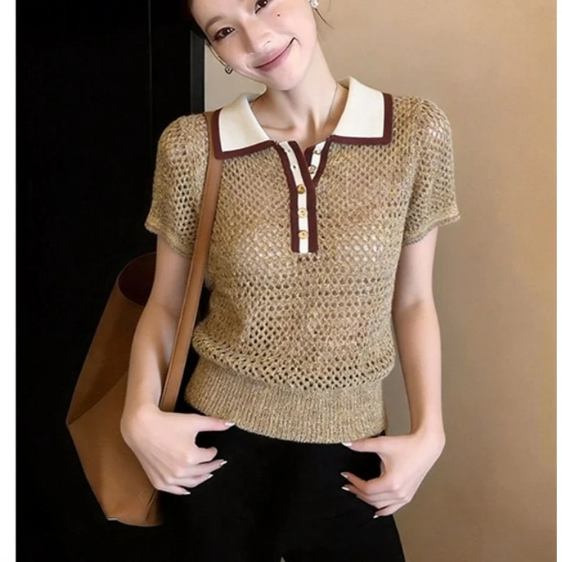 Vintage Knit Short Sleeve Tees Women Button Contrast Color Fashion Hollow Out Polo Neck Tshirts Bright Thread Printed T-Shirts