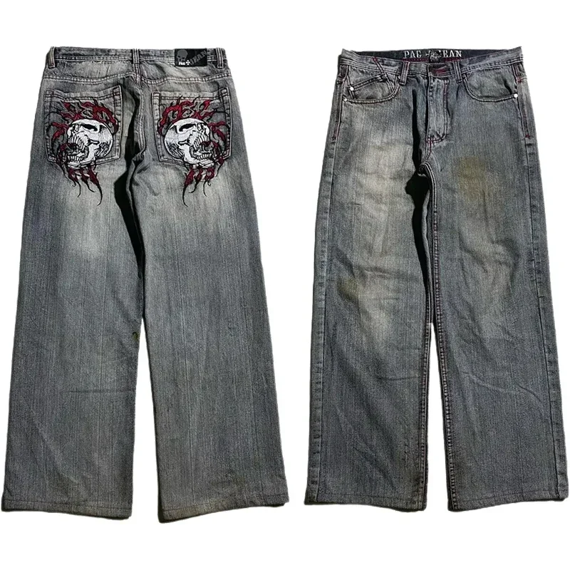 Pantalones vaqueros con bordado de calavera para hombre, Jeans holgados de estilo gótico Harajuku, Hip Hop, informal, de gran tamaño, cintura alta, ropa de calle, nuevo, Y2K