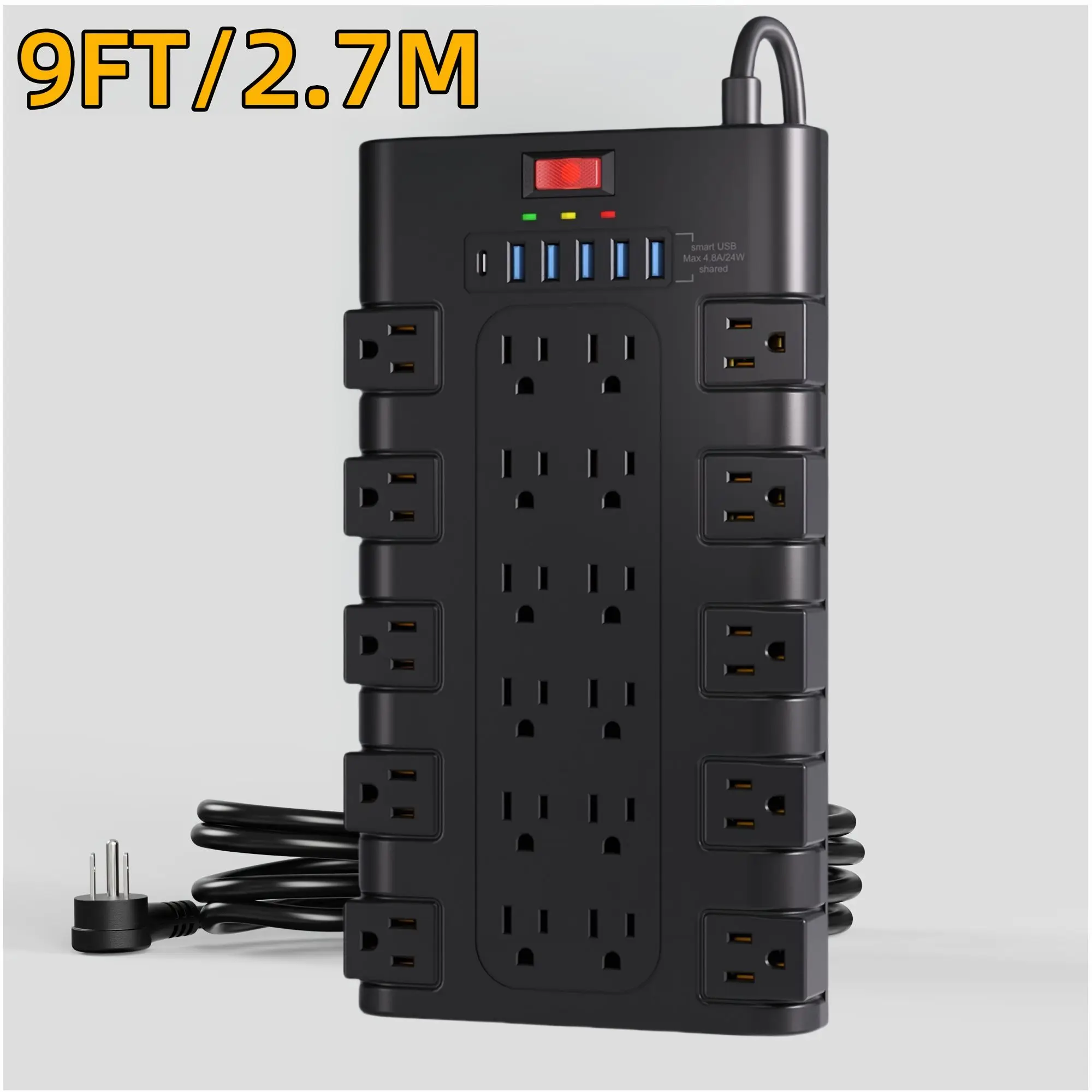 28-in-1 Space-Saving Power Strip: 22 Wide-Spacing AC Outlets (1875W/15A), 5 USB-A + 4 USB-A Shared Ports, 1 Type-C + 2 Type-C Shared Ports, Smart Control Switch, Built-in Overload Protection, Slim Flat Plug, Wall-Mount Ready, Flexible Extension Cord Desig