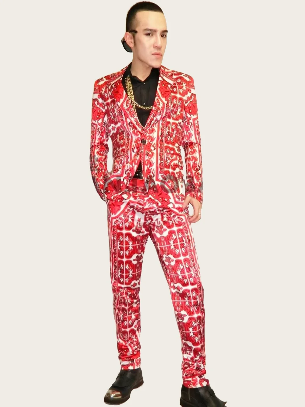 Fashion Male Red Slim Flower Print suit Costumes Men's Blazer Formal dress Nightclub DJ singer dancer singer show performance