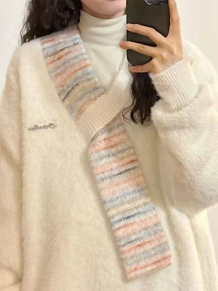

Ladies Loose Long Sleeve V-Neck Knitted Sweater Soft White Comfortable Breathable Casual Style Spring Autumn High Quality Top