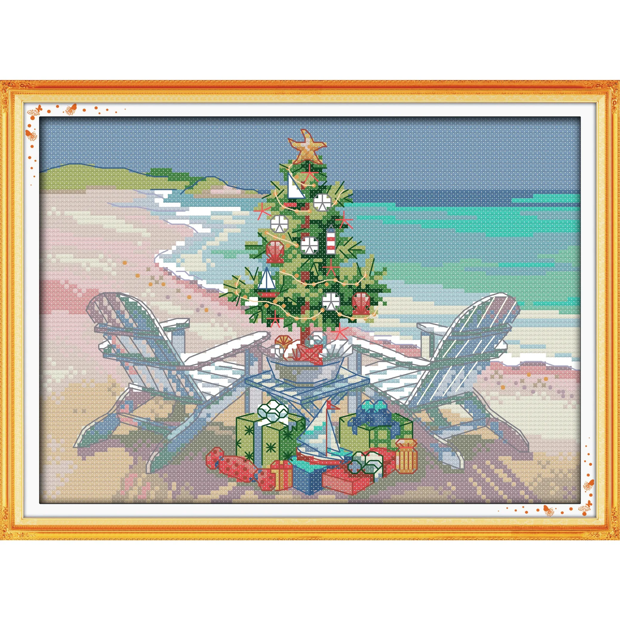 

Soulgift News Pre-Printed Cross Stitch Kit, Stamped Aida Fabric with DMC Threads, Embroidery Kit - Christmas Tree Gift