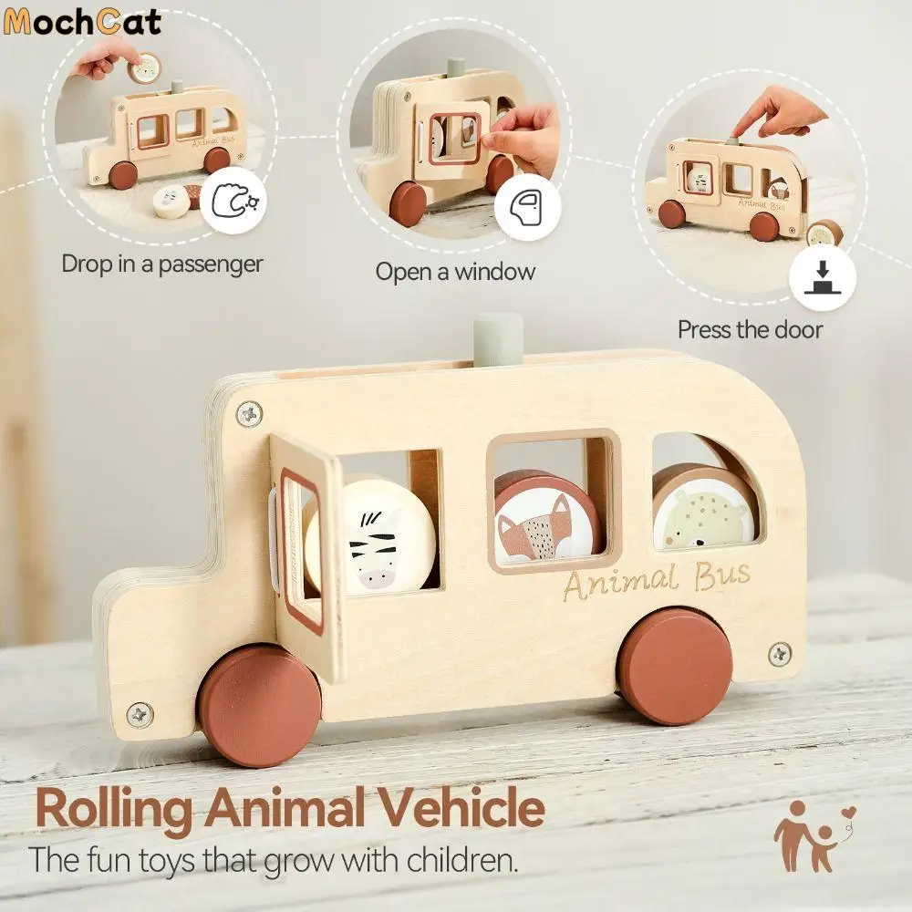 

Wooden Material Wooden Bus Toy Cylinder Blocks Hand-eye Coordination Hand-pushed Car Fine Motor Skills Animal Figures